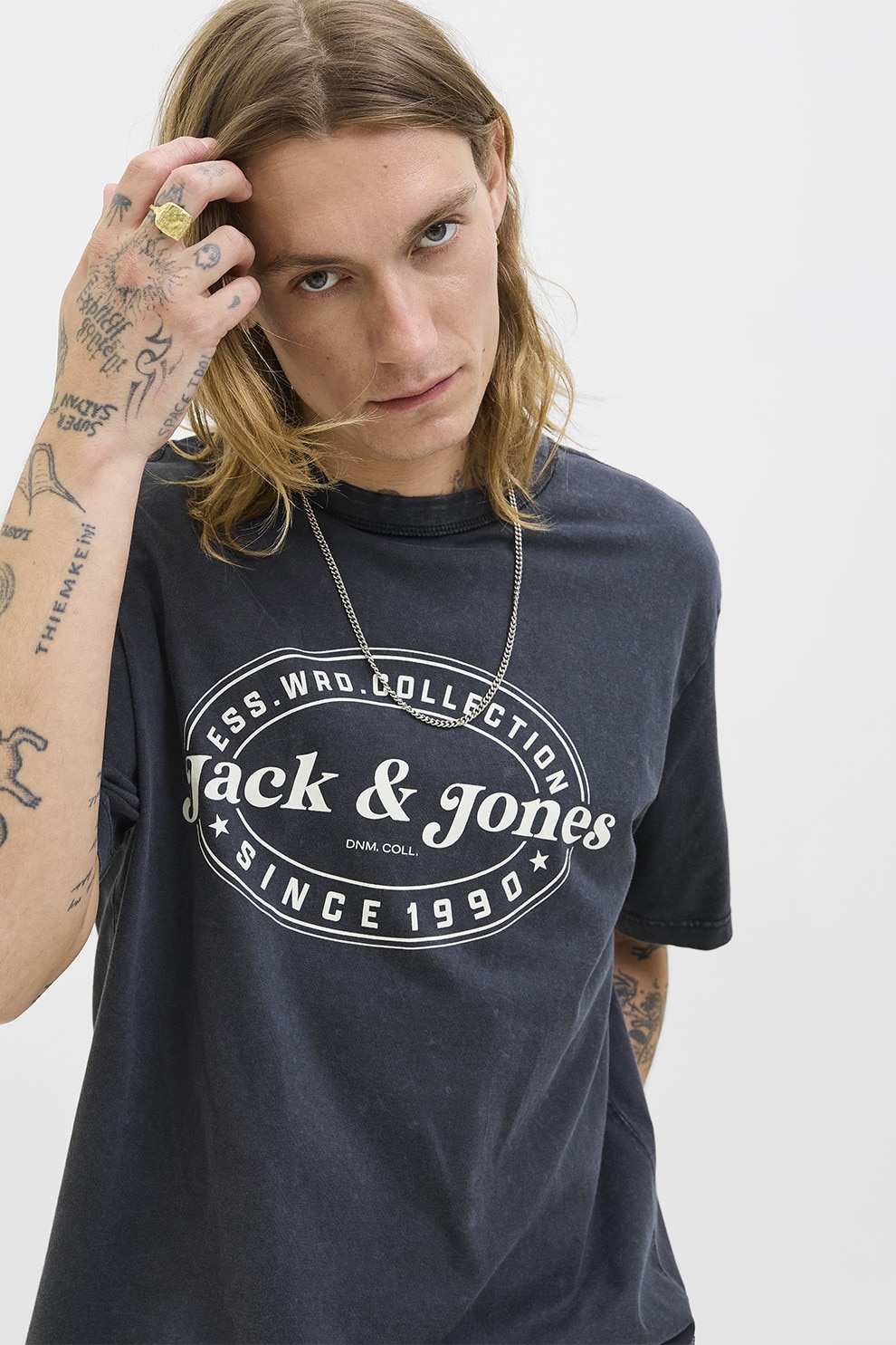 Jack & Jones, Tricou cu imprimeu si maneci cazute, Bleumarin, XL