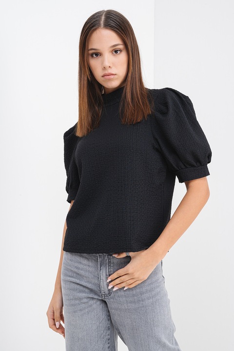 Pieces, Bluza texturata cu maneci scurte si bufante, Negru