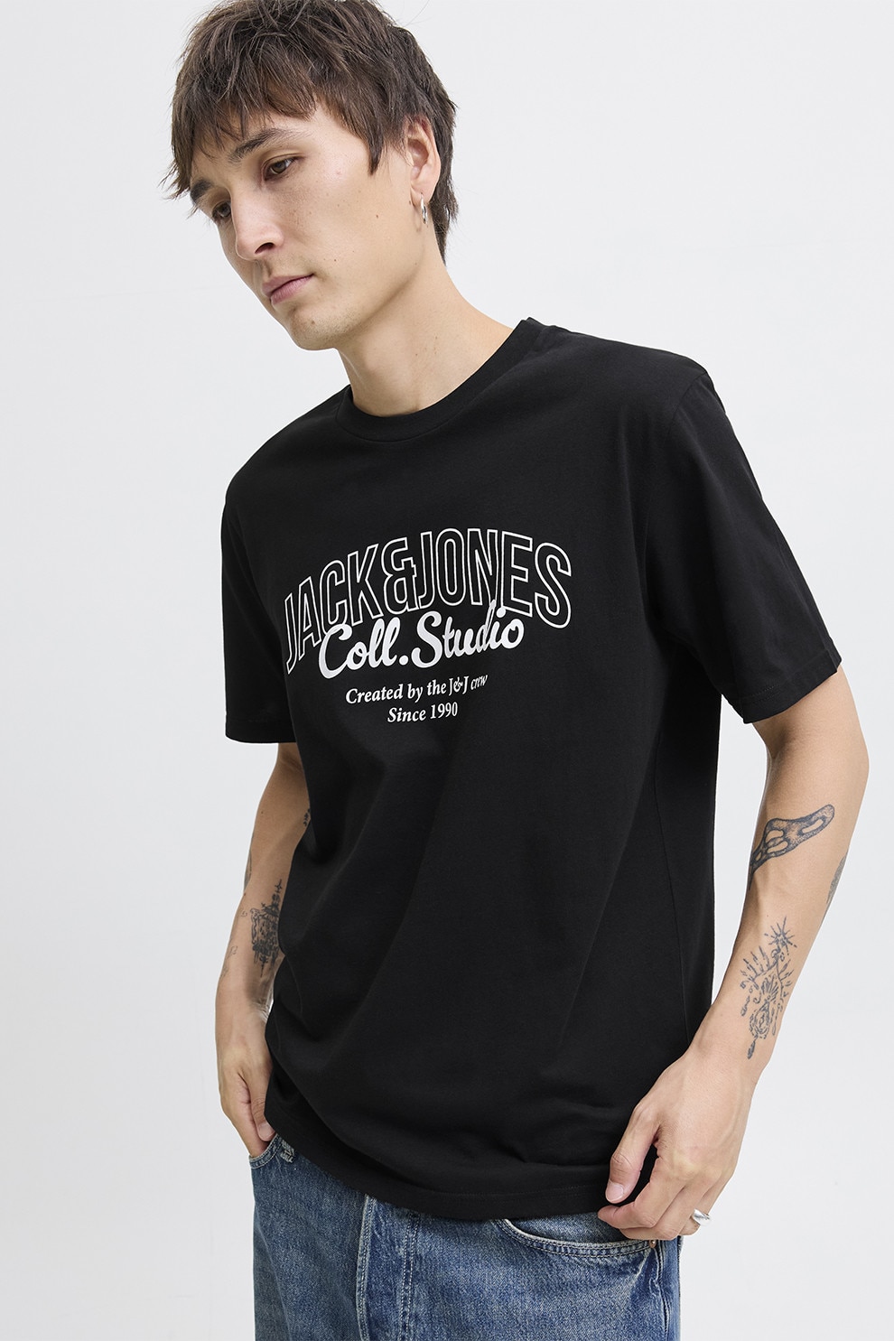 Jack & Jones, Tricou de bumbac cu imprimeu si decolteu la baza gatului, Negru, S