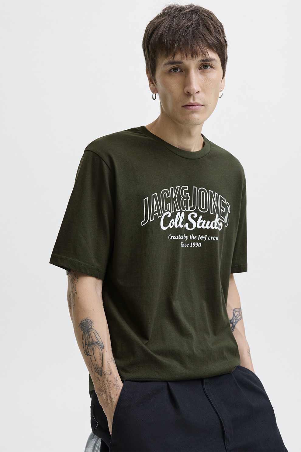 Jack & Jones, Tricou de bumbac cu imprimeu si decolteu la baza gatului, verde militar inchis, L