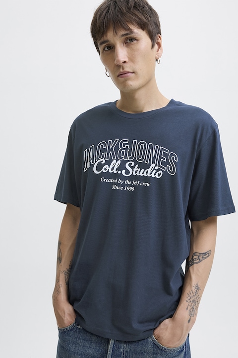 Jack & Jones, Памучна тениска с овално деколте и принт, Сив/Въглен сиво