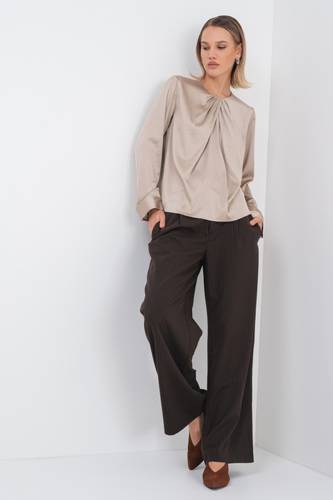 Only, Bluza cu decolteu la baza gatului si pliuri, Maro nisip