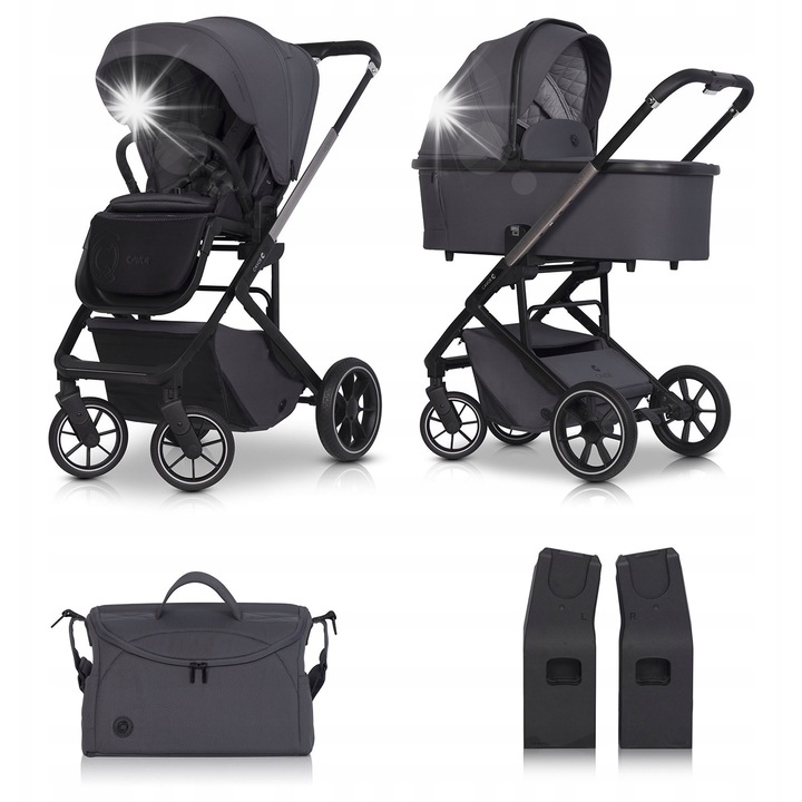 Количка 2в1 CAVOE MOI+, пълен комплект с адаптери и чанта, тъмносив цвят, за деца от раждането до 22 кг