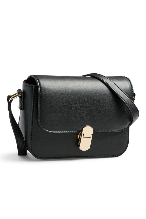 Pieces, Geanta din piele ecologica cu bareta de umar si inchidere cu clapa, Negru