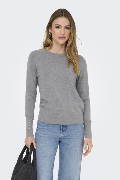 JdY, Pulover slim fit cu mansete cu nasturi, Gri deschis melange