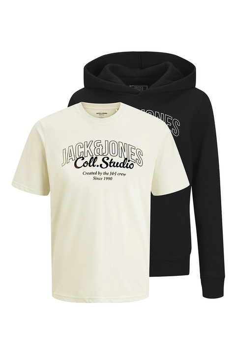 Jack & Jones, Set de hanorac si tricou cu logo - 2 perechi, Alb fildes/Negru
