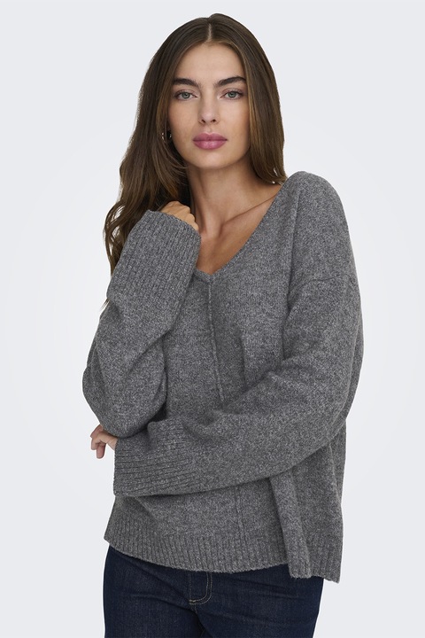 Only, Gyapjútartalmú pulóver V alakú nyakrésszel, Melange sötétszürke