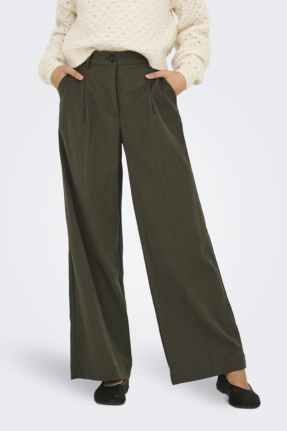 JdY, Pantaloni din amestec de lyocell cu croiala ampla, verde militar inchis, M-L32