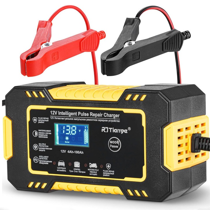 Redresor acumulatori 12V6A, Rqiurpn, max 4-100Ah, 4 moduri de incarcare, Recunoasterea inteligenta a modului de iarna si vara, Incarcarea impulsurilor repara bateria, Identificati inteligent