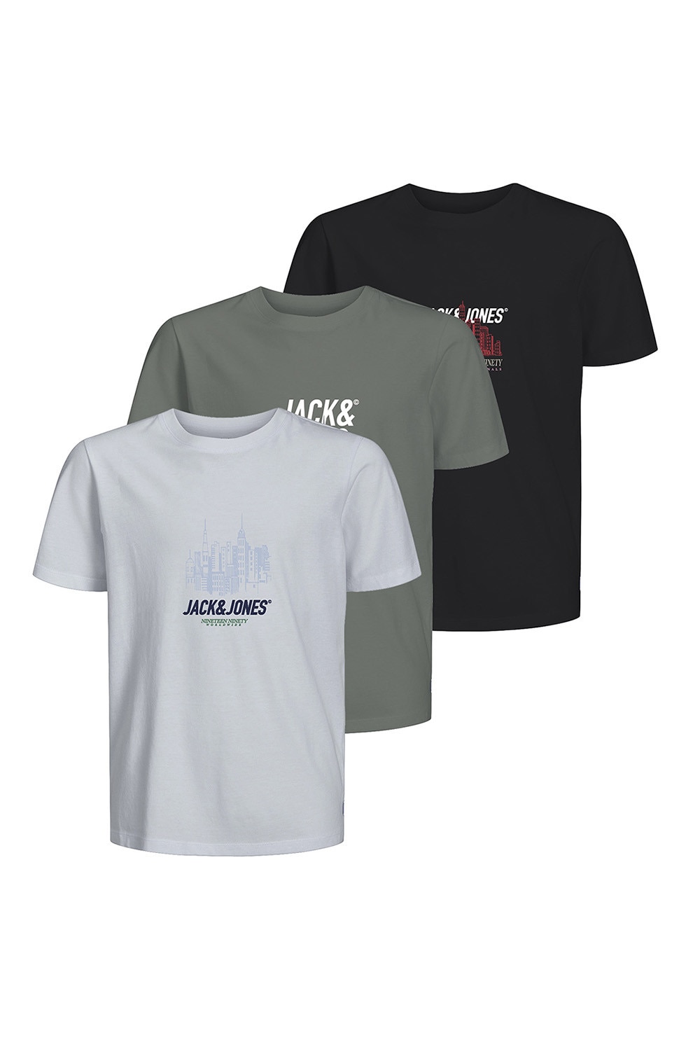Jack & Jones, Set de tricouri cu decolteu la baza gatului si imprimeu logo - 3 piese, Alb, Negru, Verde prafuit, 164 CM