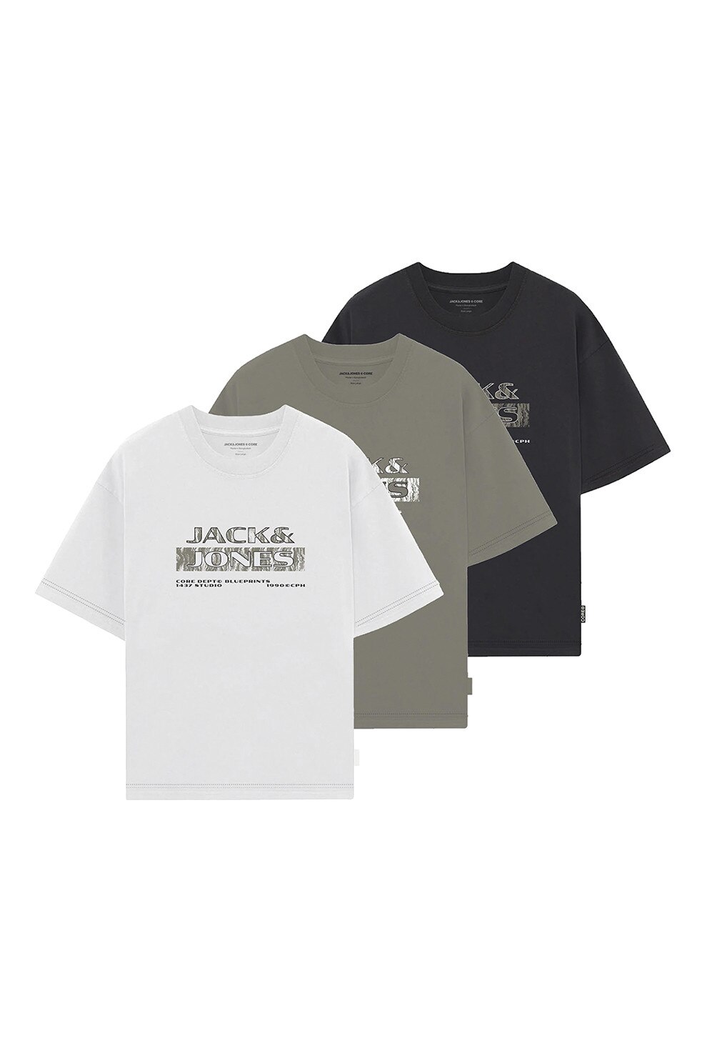 Jack & Jones, Set de tricouri regular fit cu imprimeu text - 3 piese, Alb, Negru, Kaki, L