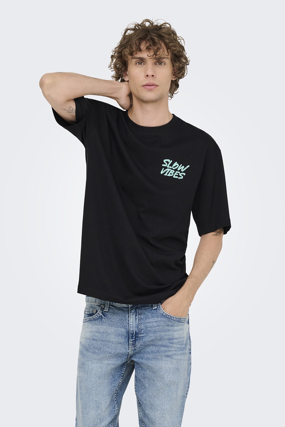 Only & Sons, Tricou lejer din bumbac organic cu imprimeu grafic, Negru, Albastru deschis, L