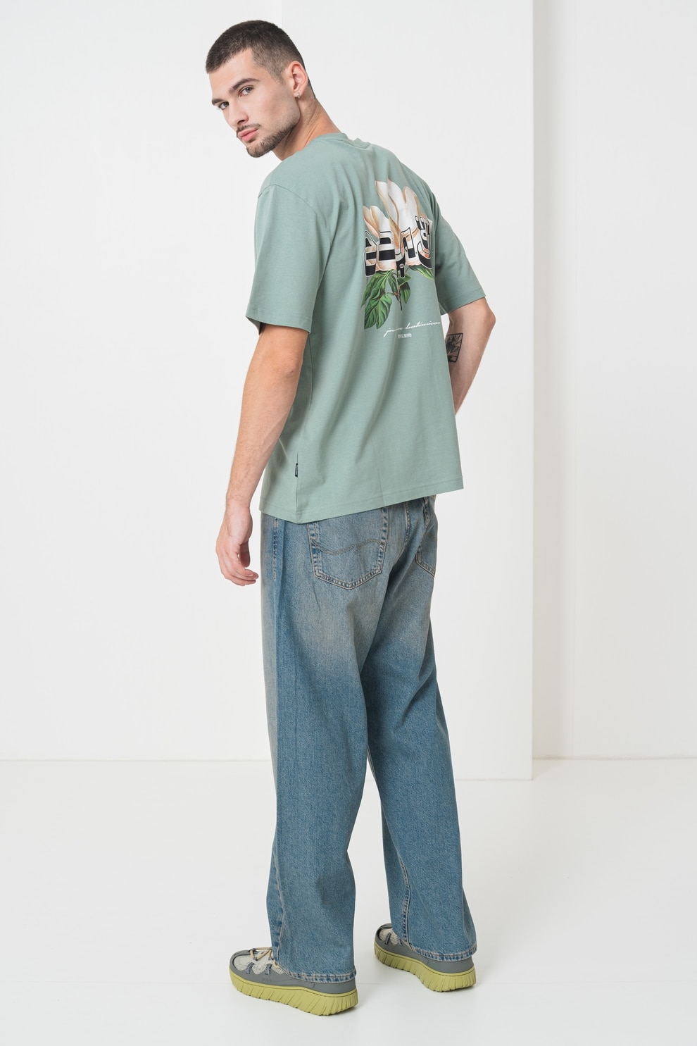 Only & Sons, Tricou lejer din bumbac organic cu imprimeu grafic, Verde pal, XL