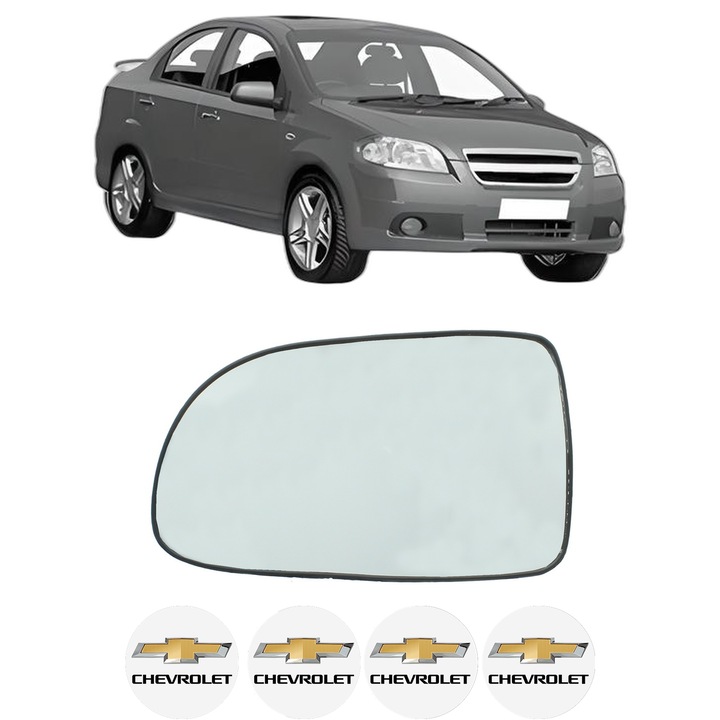 Sticla oglinda exterioara Stanga CHEVROLET AVEO / KALOS Hatchback (T250, T255) din 2006 - 2012, auto, cu incalzire, Cri-Flo, 4 stickere auto CHEVROLET