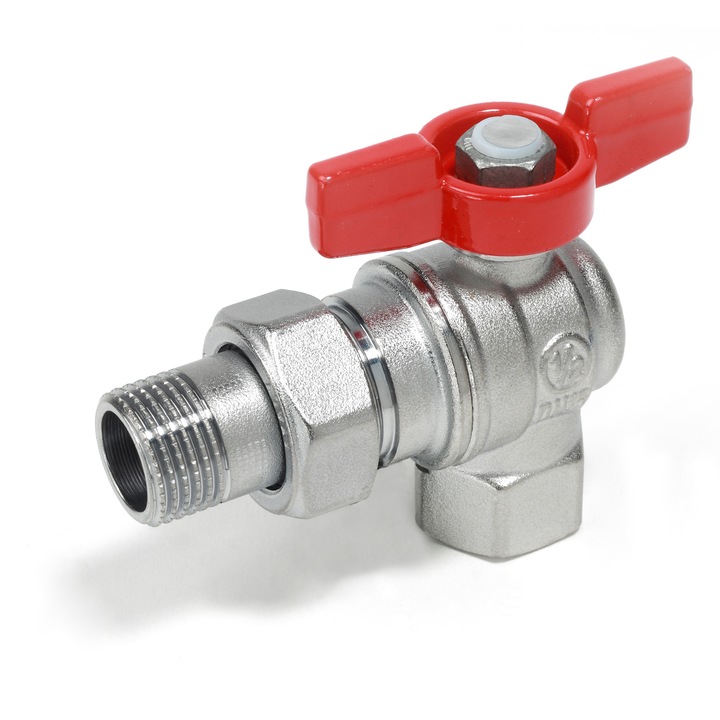 Ъглов сферичен кран Giacomini R789X003, 1/2” вътрешна резба x 1/2” външна резба, червена Т-образна ръкохватка, вода, хромиран месинг