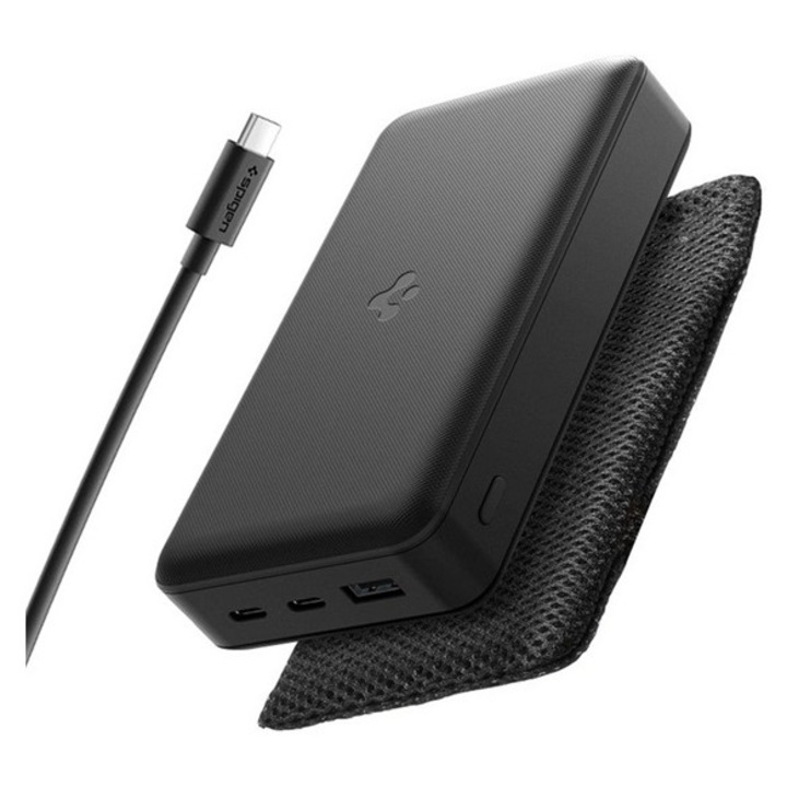 Spigen ea3020 vésztöltő usb+2 type-c aljzat, 20000mah, 30w, pd gyorstöltő, led jelzés + type-c kábel, fekete