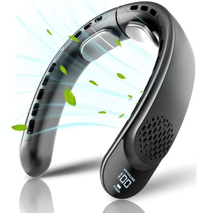 Hordozható nyakventilátor, 3 sebességfokozat, 4000mAh, USB töltés, kényelmes viselet, ergonomikus kialakítás, fekete