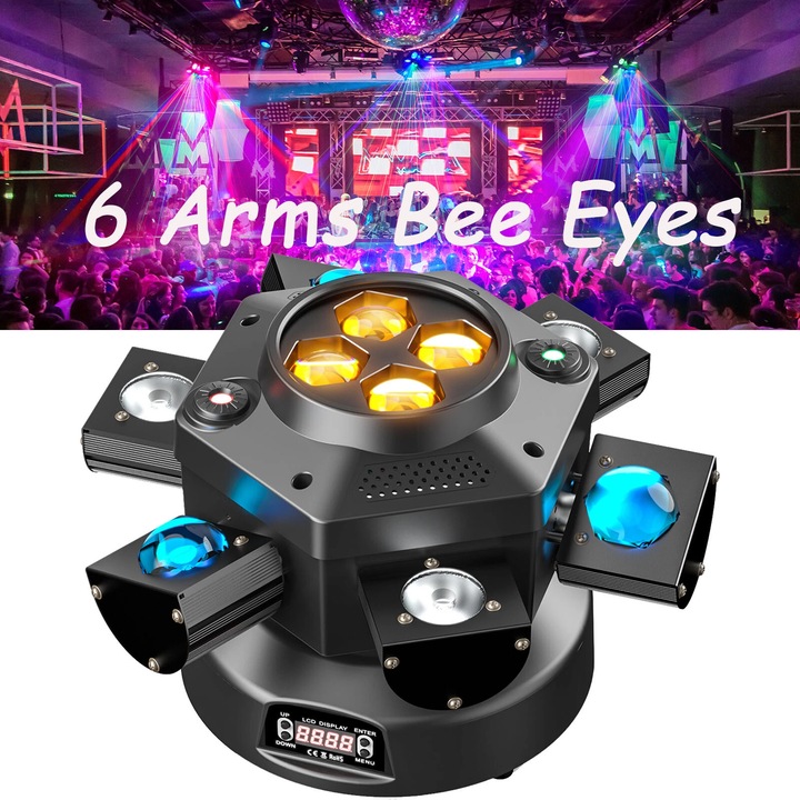 U`King Lumina LED cu cap mobil cu sase brate, fascicul RGBW patru-in-unu de 200 W, lumina de scena cu efect de zoom, control DMX, activare prin sunet, mod automat, iluminare DJ potrivita pentru nunti, petreceri, localuri KTV, biserici, spectacole live
