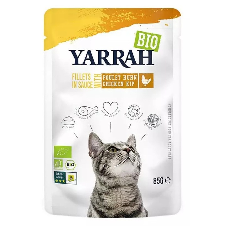 Био мокра храна за котки, пилешки филета в сос, 85 г Yarrah