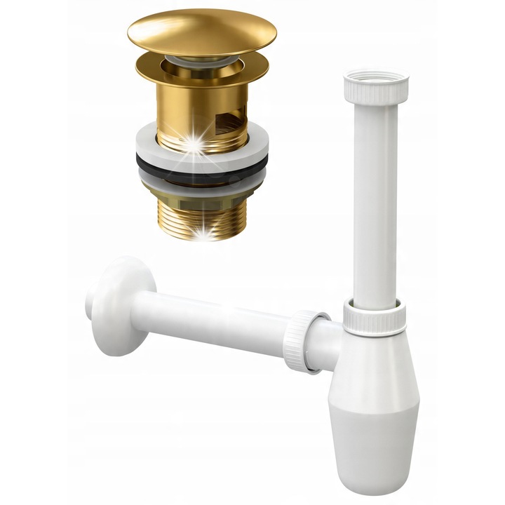 Комплект аксесоари за мивка Granitan, сифон за умивалник, голям клик-клак, златист цвят, висок гланц, размер 32 мм