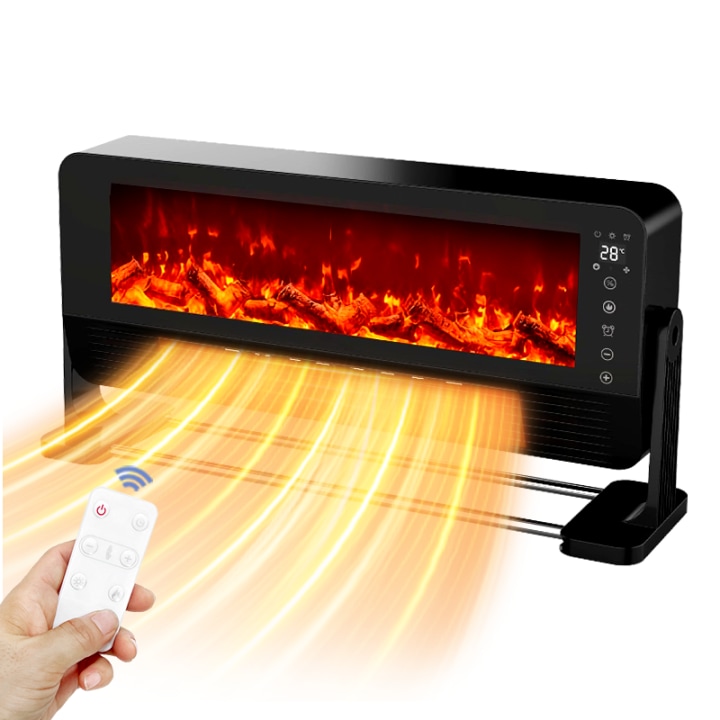 Aeroterma heater portabil perete, seminee electrice, incalzire efect de flacara 3D, telecomanda control, touch posibilitatea, de a atarna si usca haine si prosoape, LED display digital, Negru