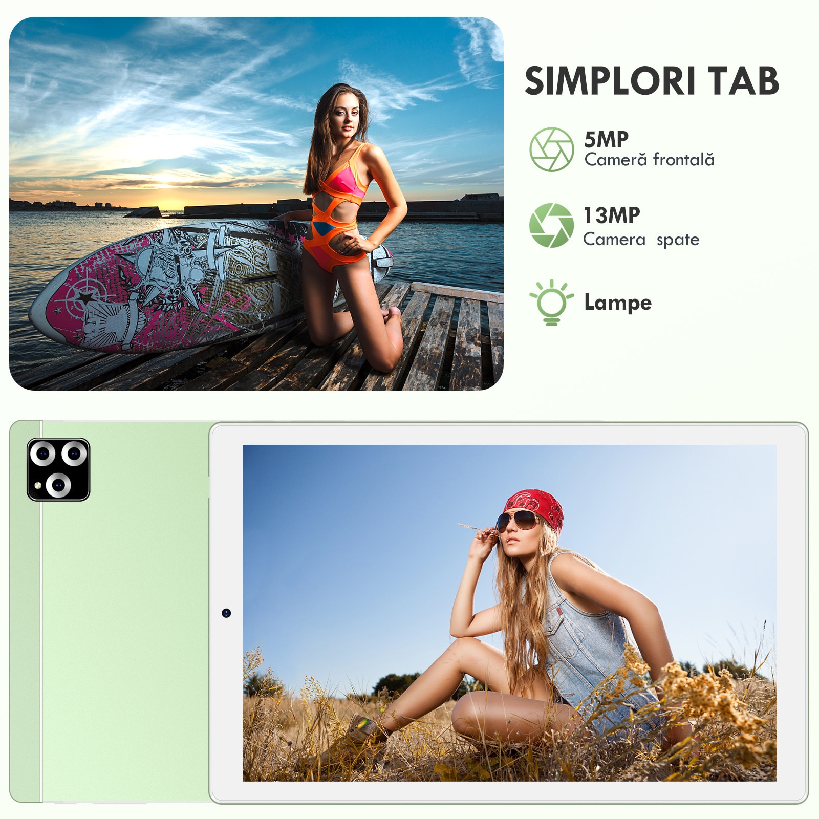 Tableta SIMPLORI M107 de 10 inch, Android 13,12（6+6）GB RAM+128GB ROM, octa-core, 8000mAH，dual 4G SIM, 5+13 MP camera, Verde