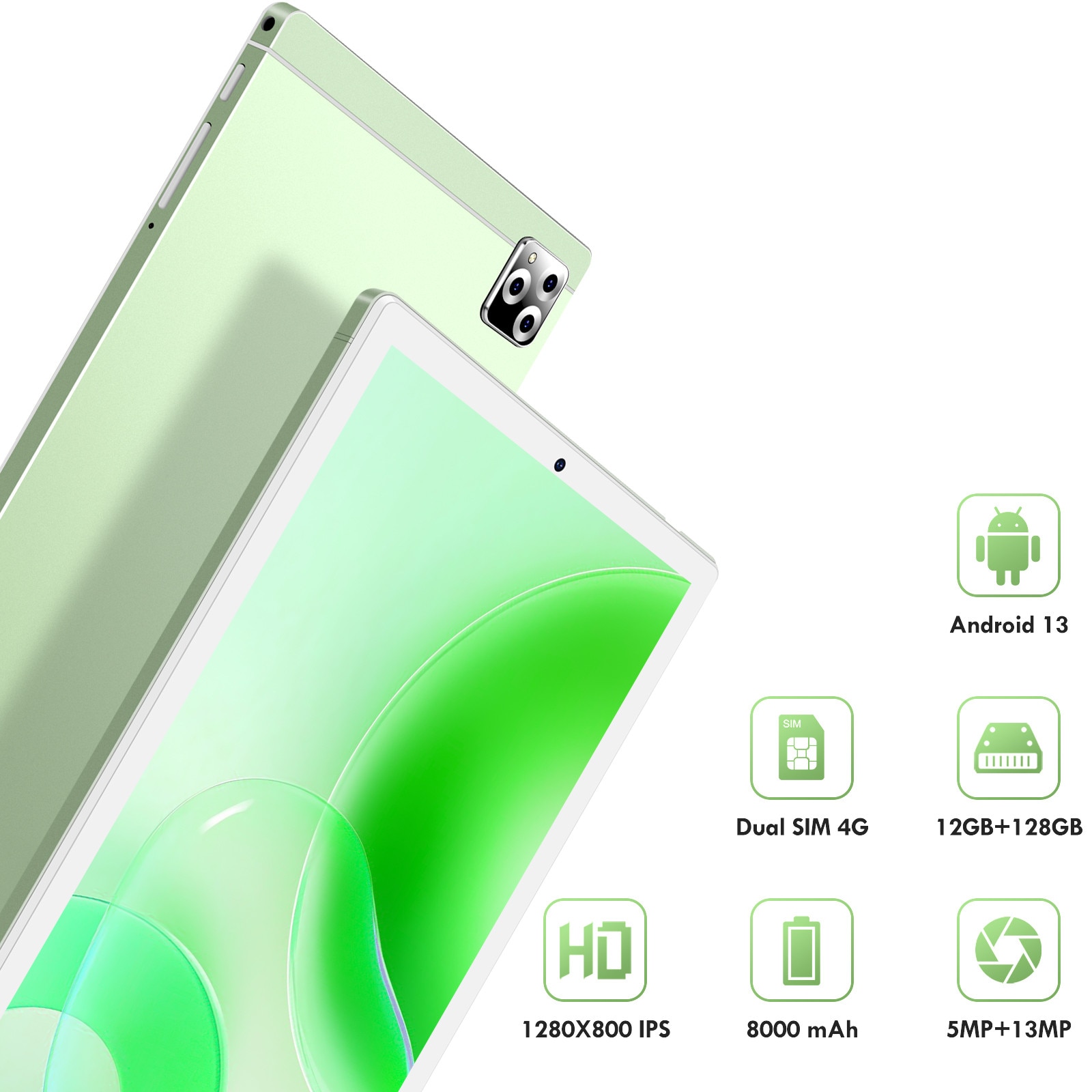 Tableta SIMPLORI M107 de 10 inch, Android 13,12（6+6）GB RAM+128GB ROM, octa-core, 8000mAH，dual 4G SIM, 5+13 MP camera, Verde