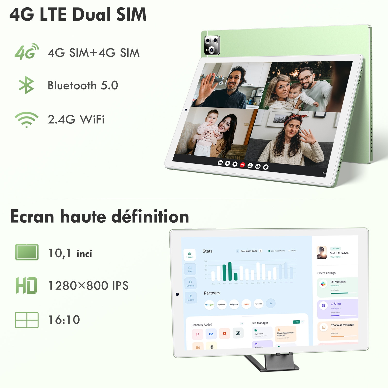 Tableta SIMPLORI M107 de 10 inch, Android 13,12（6+6）GB RAM+128GB ROM, octa-core, 8000mAH，dual 4G SIM, 5+13 MP camera, Verde