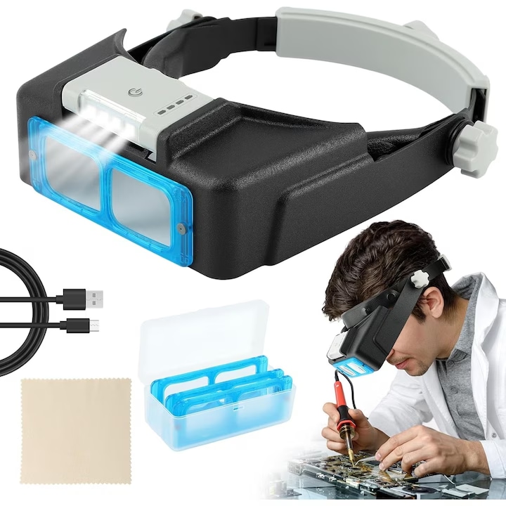 XIOMAX Lupa de cap Handy 4 lumini LED，2 Moduri de Iluminare，Unghi reglabil，lentila dubl，4 lentile interschimbabile Zoom de 1.5X、2X、2.5X si 3.5X，Lentile detasabile，pentru Reparatii，bijuterii, citit，cusut，mestesuguri，Manichiura si Tatuaje，negru