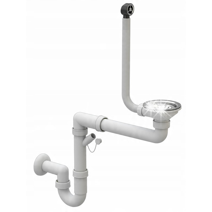 Комплект сифон Granitan за мивка, 115 мм, с изход за перална/съдомиялна машина, 50 мм/40 мм, бял