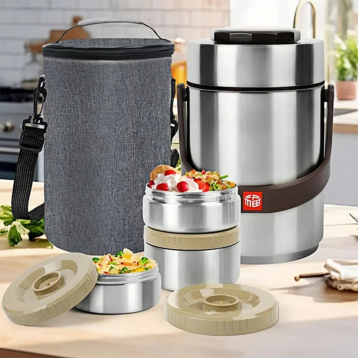Set 3 Container Izolant Portabil Pranz, Cu geanta transport termica, 2L, Din inox 304, Etansare sigura, Perfecta pentru, Portabila, Curatare usoara, Pentru calatorii la picnic la birou, Argint