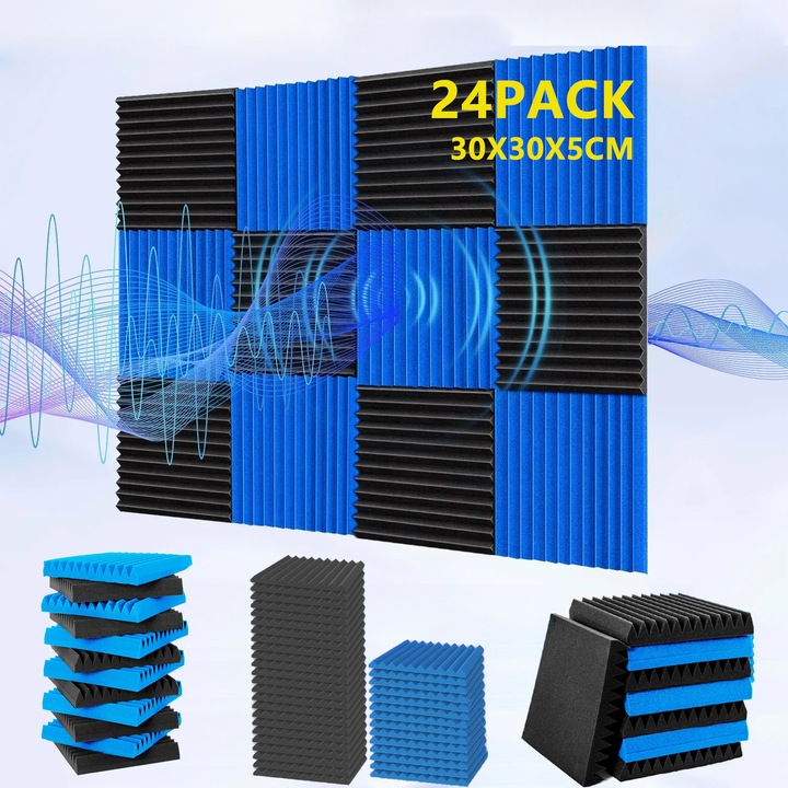 Placi fonoabsorbante, MOSMAOO®, Din Burete Ignifung Poliuretanic, cu Autoadeziv Inclus, Forma patrata, Pentru Izolatie Fonica si Zgomot Redus, Pentru fundaluri, Studiouri si Inregistrare Audio, 30 x 30 x 5 cm, 24 bucati, Negru/Albastru