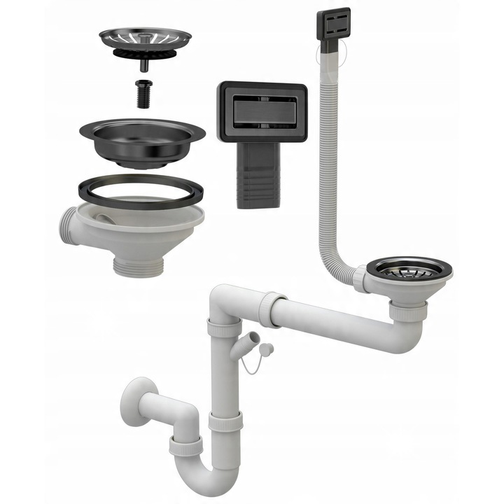 Ръчен сифон, правоъгълен, черен, Granitan, еднокамерен, система против препълване, размер 115мм