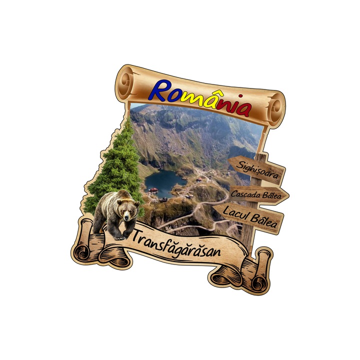 Magnet souvenir Romania, Gift Shop, model Transfagarasan, 80x67mm, lemn