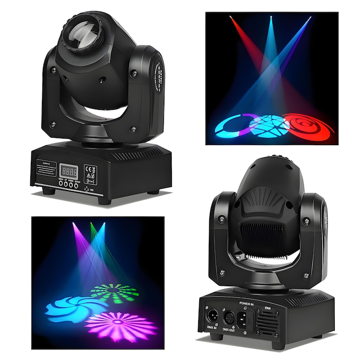 U`King DJ Lights Moving Head 8 culori 8 GOBO Iluminat scenic Spot LED cu control DMX si activare prin sunet pentru nunti, petreceri disco, biserici, spectacole live, baruri (negru - 1 bucata)
