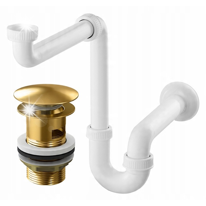 Комплект сифон и капак клик-клак, Granitan, бял и златен, стандартни размери 1 1/4"