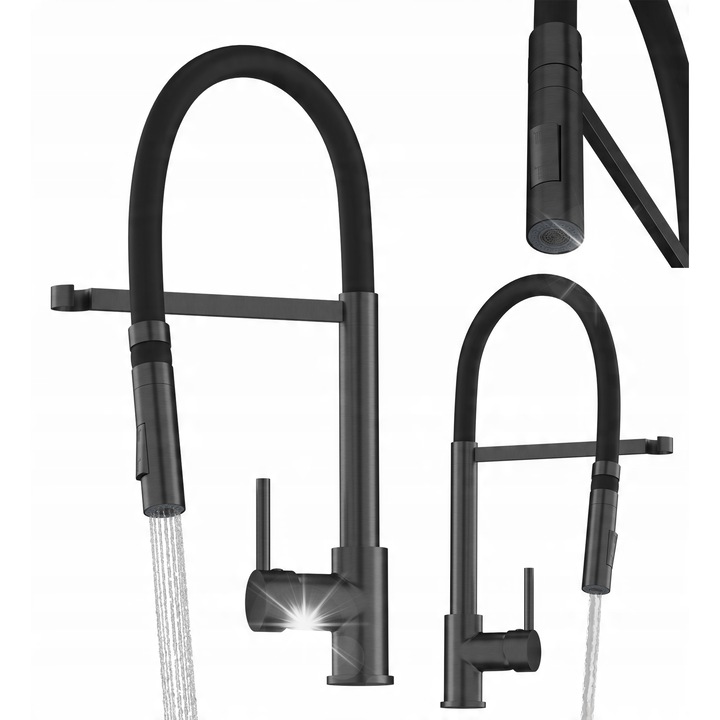 Baterie sanitara Granitan Vento, cu wylewka elastica, 2 tipuri de jet, gri metalic, 490mm