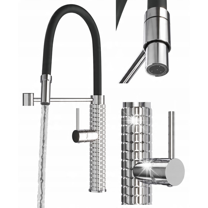 Baterie sanitara Granitan, model Fano, cu wylewka elastica, crom/negru, inaltime reglabila, set complet