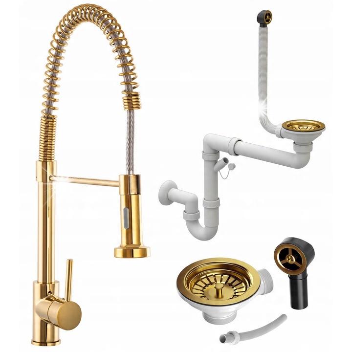 Комплект кухненска батерия Granitan, спирален модел, 2 функции, златна, 52 см, с ръчен спестяващ място сифон