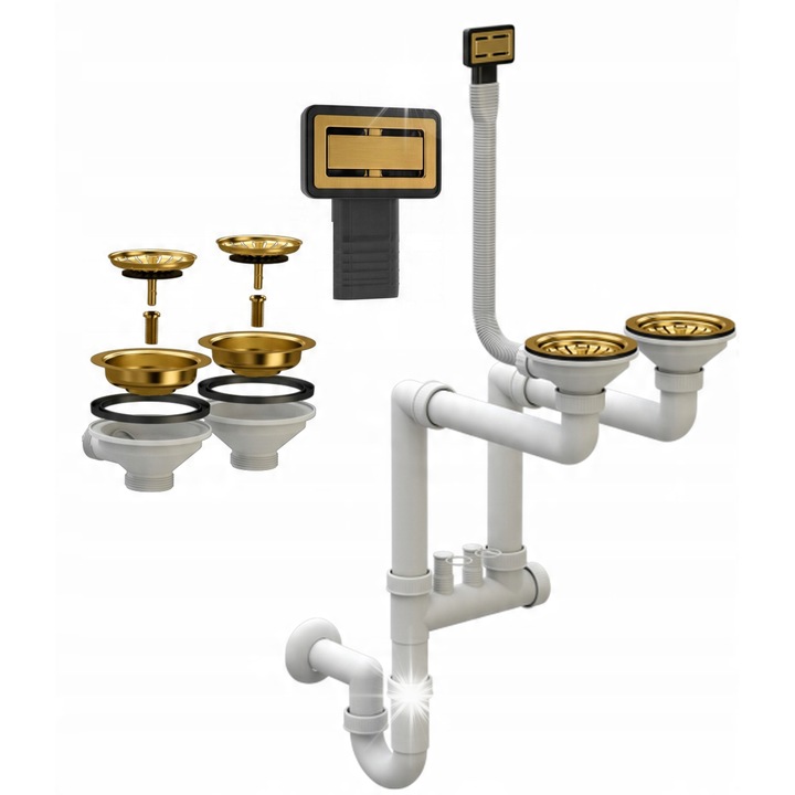 Ръчен сифон, Гранитан, правоъгълен, две камери, система против преливане, 115мм, за гранитни мивки