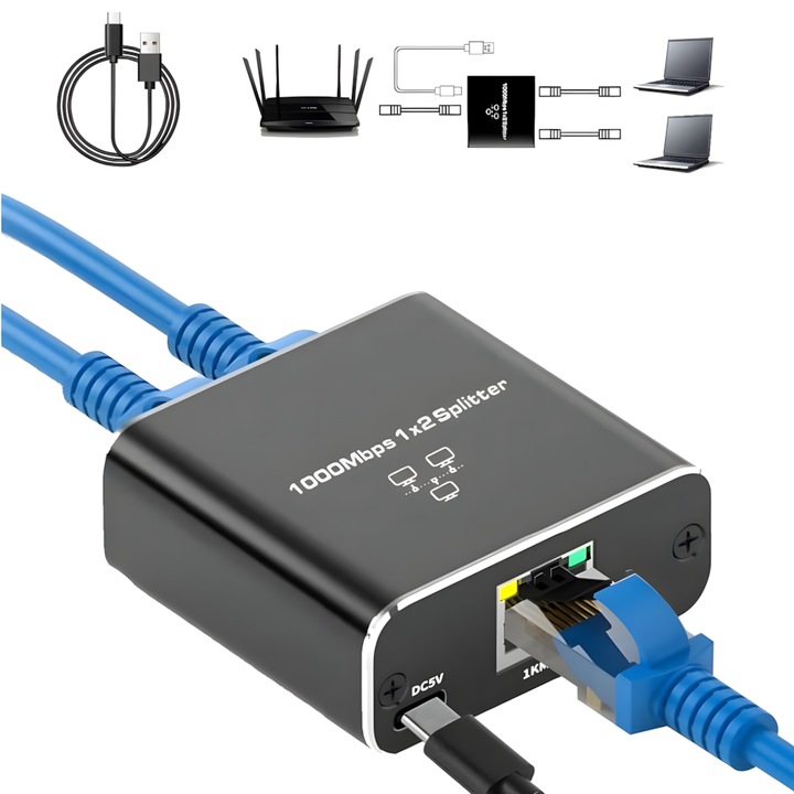 Gigabit Ethernet elosztó 1 az 2-höz, Q-Elite®, 1000Mbps, USB tápellátással, RJ45 LAN hosszabbító, Cat5/6/7/8 kompatibilis, Plug & Play, Alumínium ház, IPTV-hez, routerhez, monitorokhoz