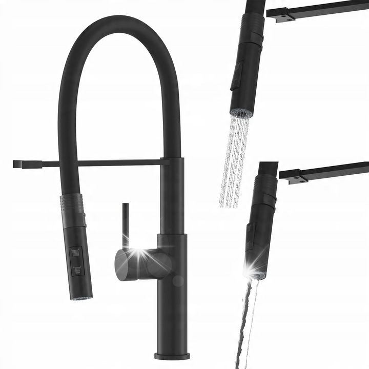 Baterie sanitara Granitan Soria, cu wylewka elastica, 360°, neagra, 470mm