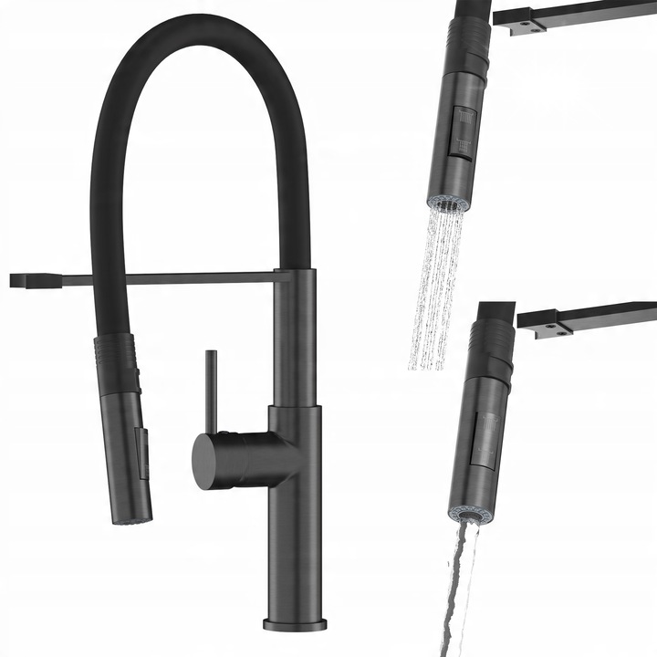 Baterie sanitara Granitan Soria, cu wylewka elastica, 360°, gri metalic, 470mm