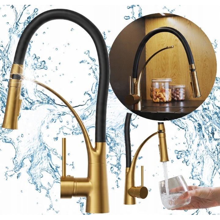 Санитарен смесител Granitan Nexo, гъвкав чучур, два вида струя, златист мат, 43см