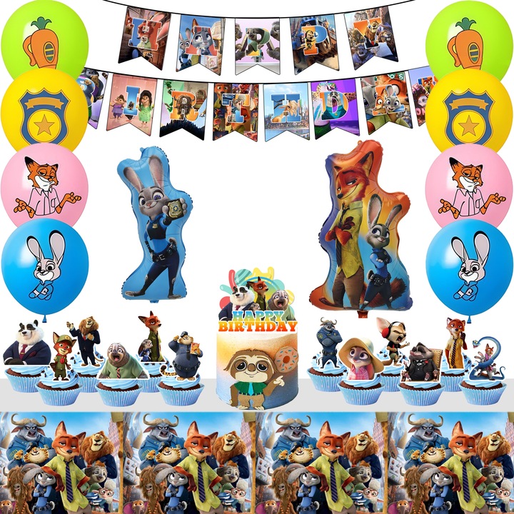 Set 29 Accesorii Petrecere Zootopia Copii, InBoxxarty, Decoratiuni Petrecere Zootopia - Decoratiuni Tort, Baloane, Fata de Masa etc Decoratiuni Aniversare Zootopia