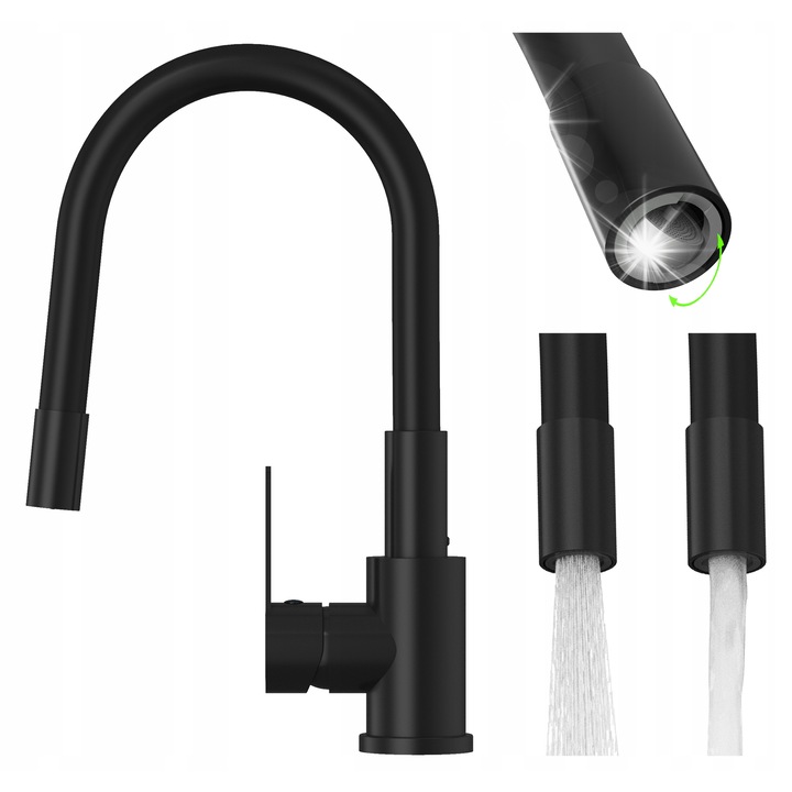 Baterie sanitara Granitan GRADO PLUS, гъвкав чучур, въртящ се аератор, черна, 23-32см