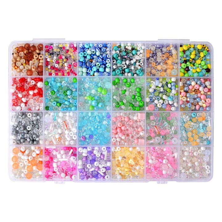 Set creativ de bratare de bijuterii DIY Fericire ®, Setul de perle de 24 de grile, amestec de culori, practica imaginatiei si abilitatilor practice, potrivit pentru baieti si fete, 3 ani si mai mult