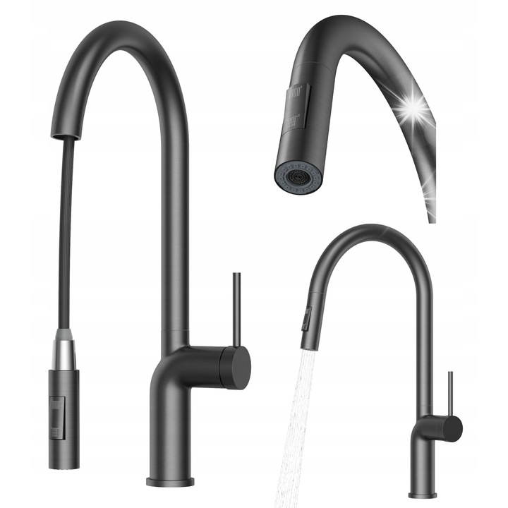 Кухненски смесител Granitan, модел OXI, с изтеглящ се чучур, два вида струя, сив, 550мм