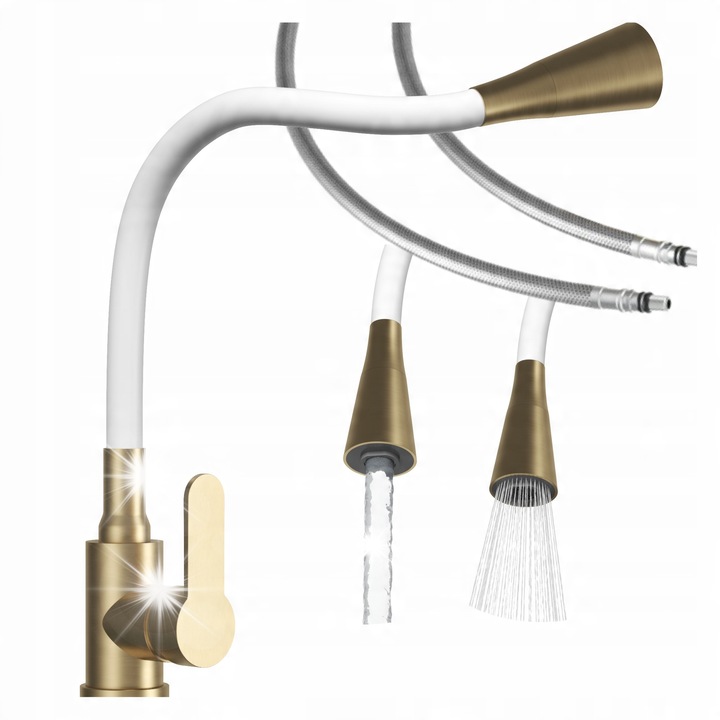Кухненски смесител FLEXO, златист мат, висок, с гъвкав чучур, пълен комплект