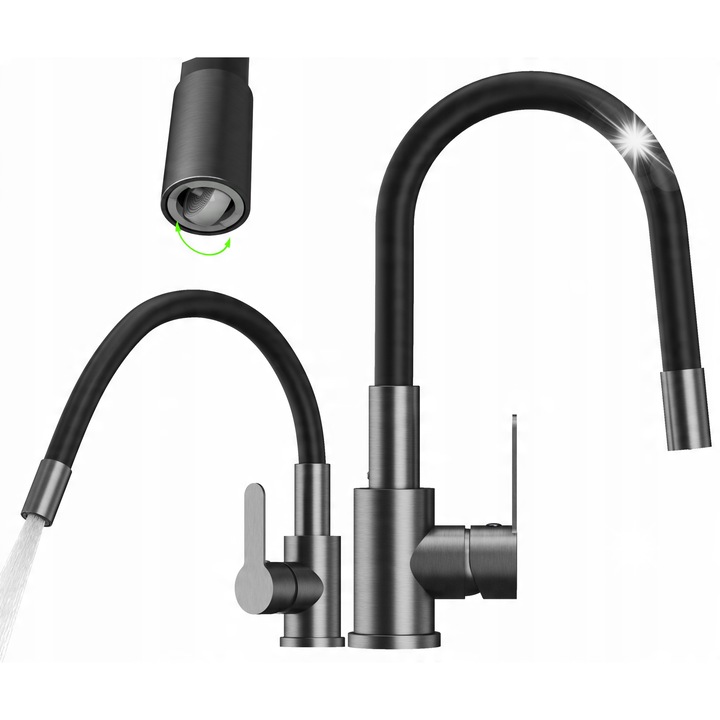 Baterie sanitara Granitan, model GRADO PLUS, elastyczna wylewka, obrotowy perlator, gri, 23-32cm